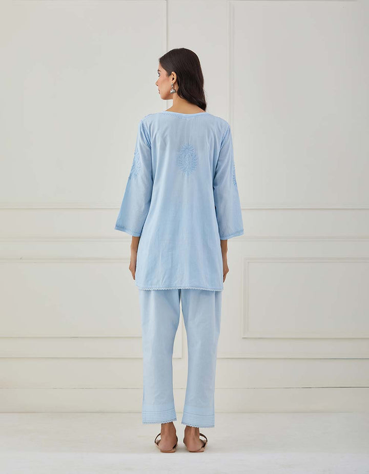 Blue chikankari cotton kurta with pants