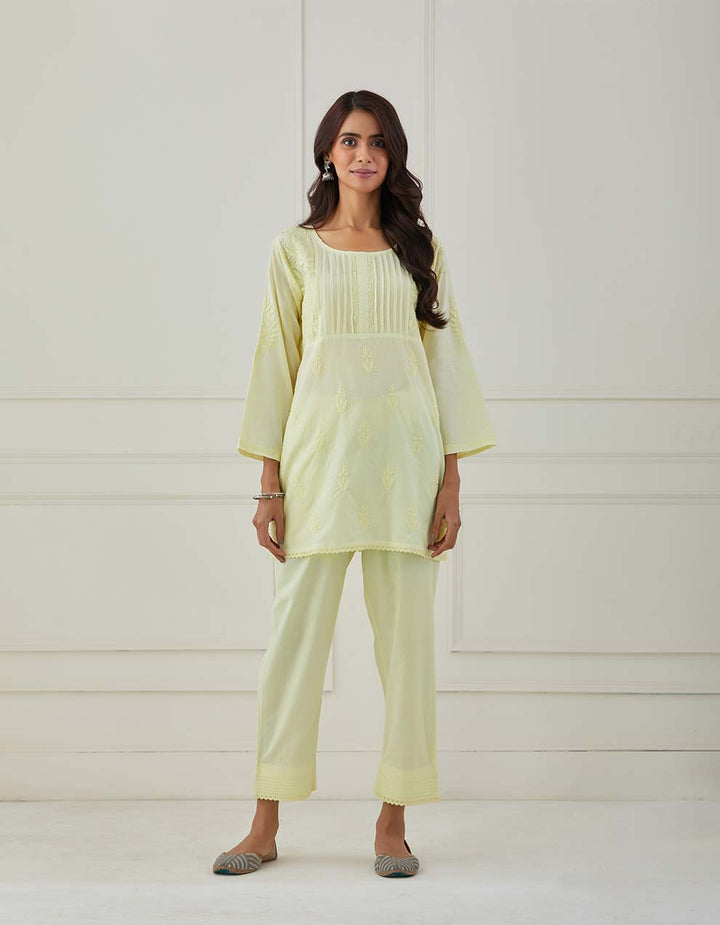 Yellow chikankari cotton kurta with pants