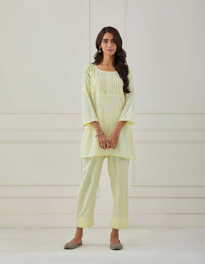 Yellow chikankari cotton kurta with pants