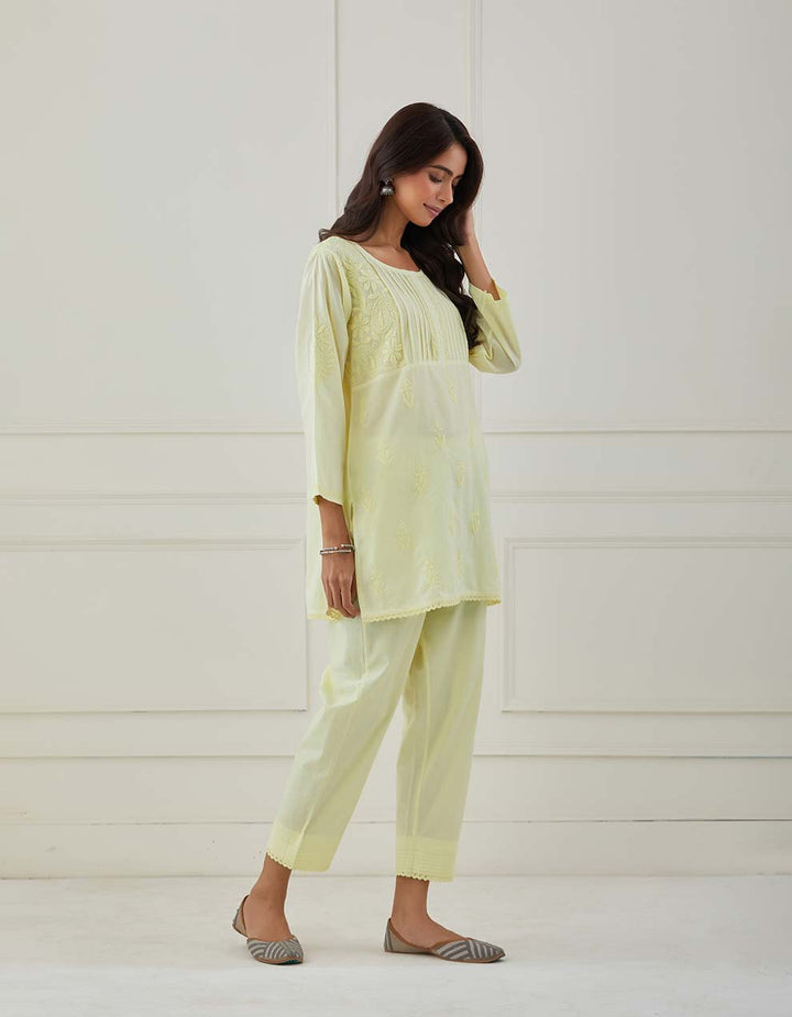 Yellow chikankari cotton kurta with pants