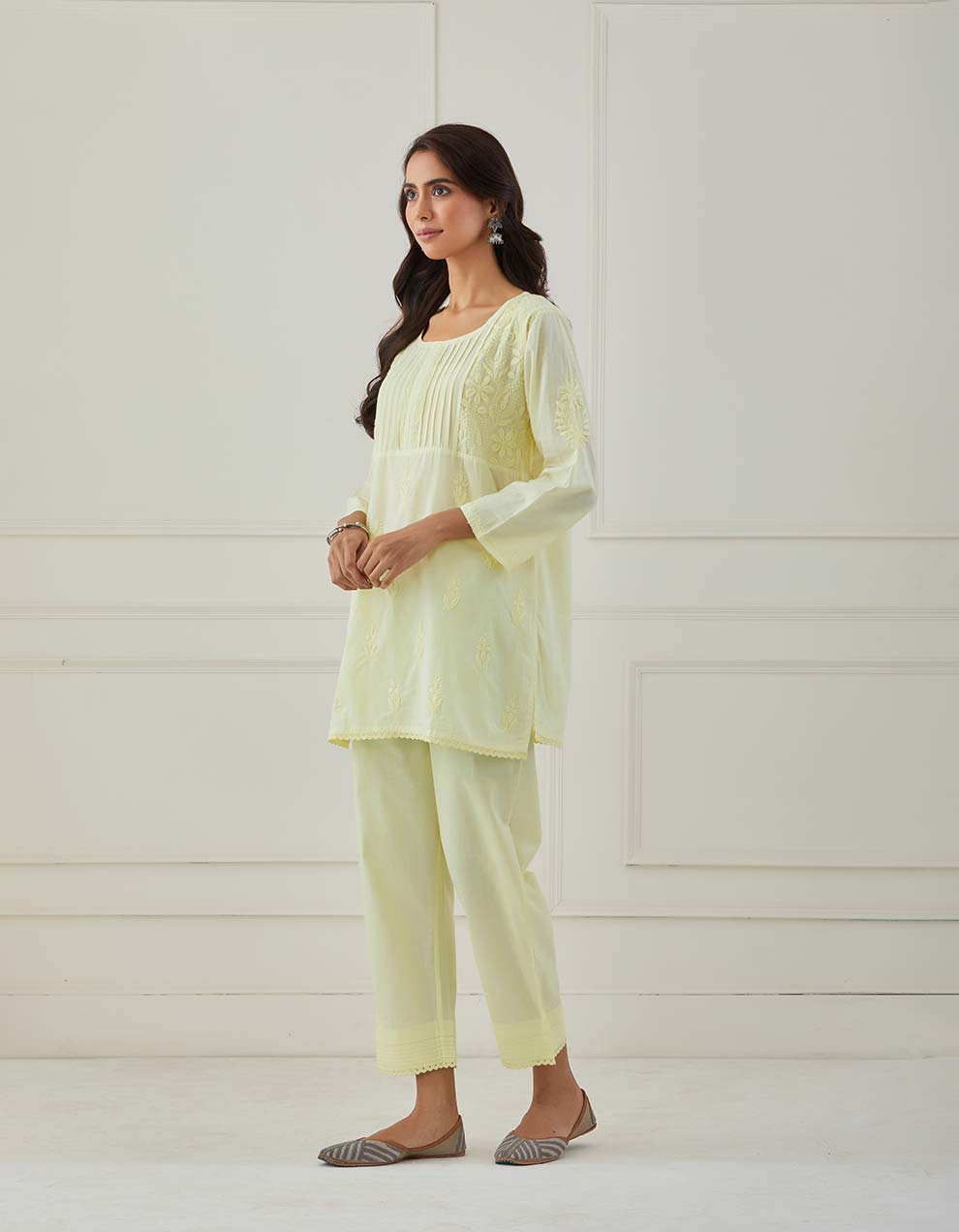 Yellow chikankari cotton kurta with pants