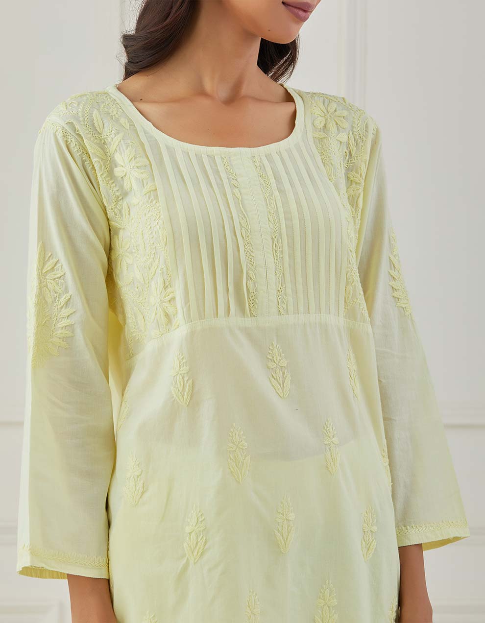 Yellow chikankari cotton kurta with pants