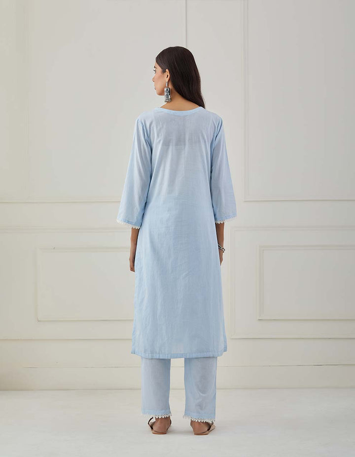 Powder blue embroidery kurta with pants - Set of 2