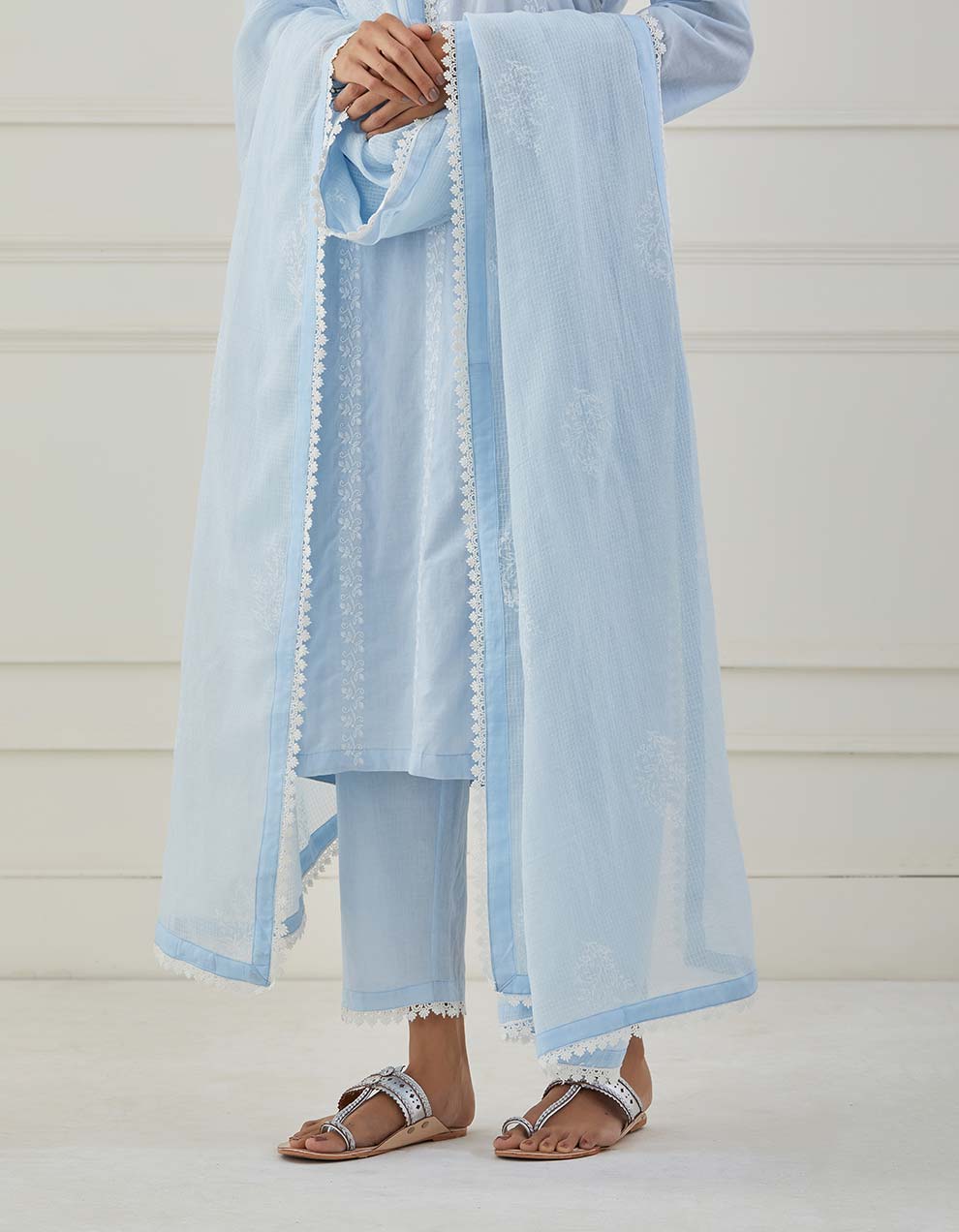 Powder blue embroidery kurta with pants and dupatta - Set of 3