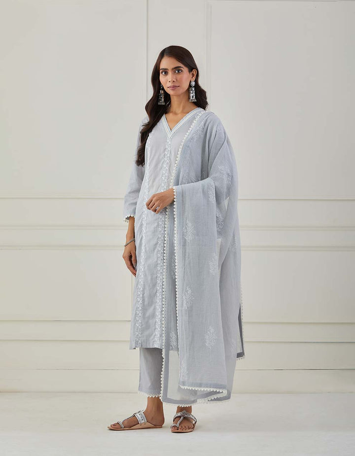 Grey embroidery kurta with pants and dupatta - Set of 3