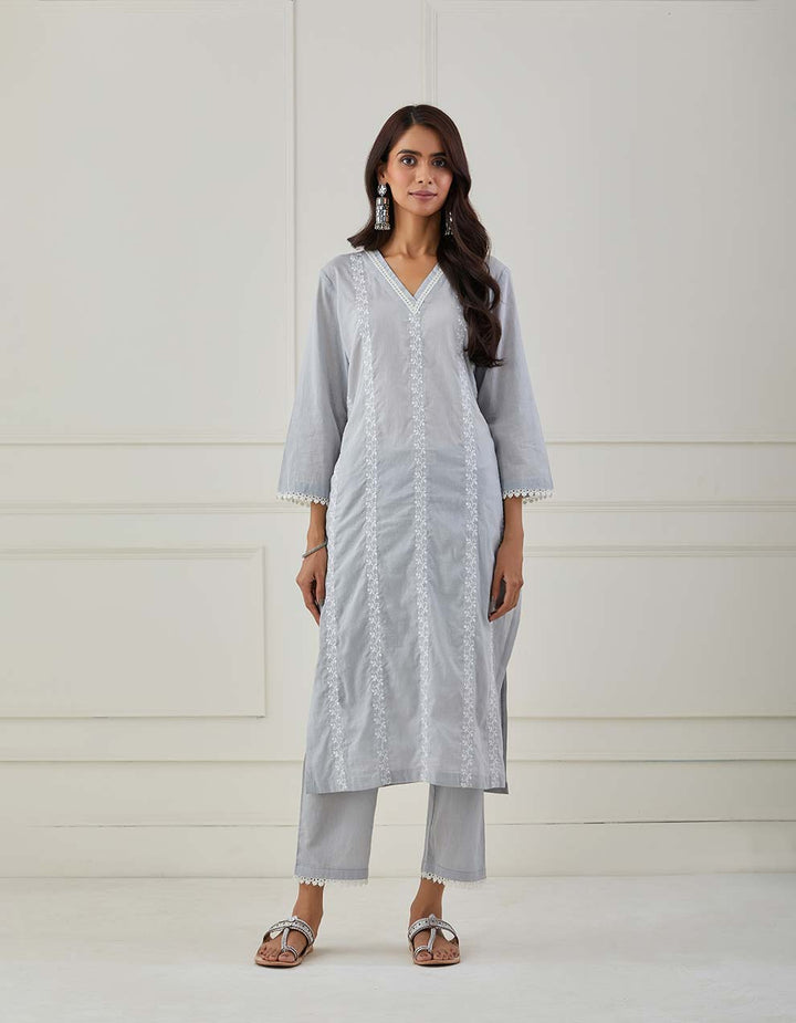 Grey embroidery kurta with pants and dupatta - Set of 3