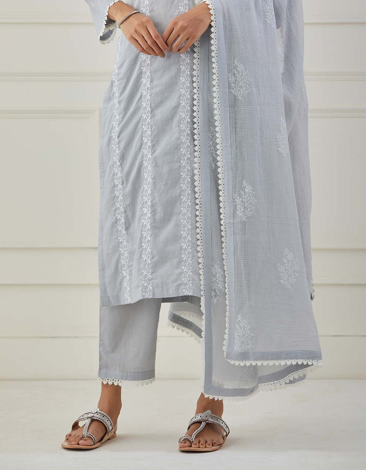 Grey embroidery kurta with pants and dupatta - Set of 3