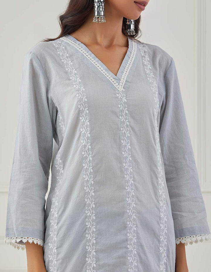 Grey embroidery kurta with pants and dupatta - Set of 2