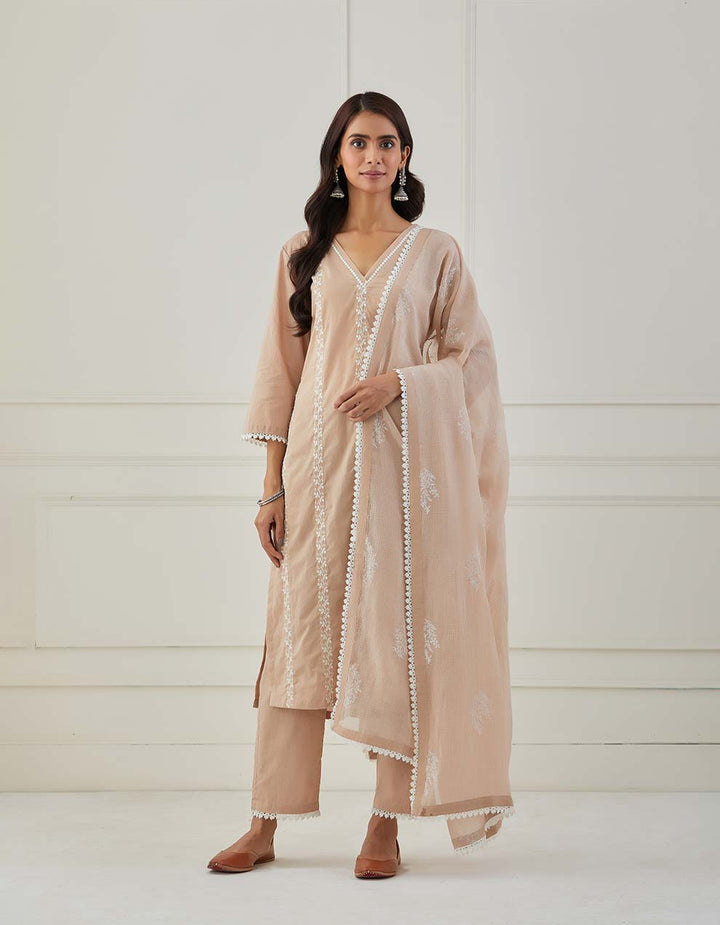 Beige embroidery kurta with pants and dupatta - Set of 3