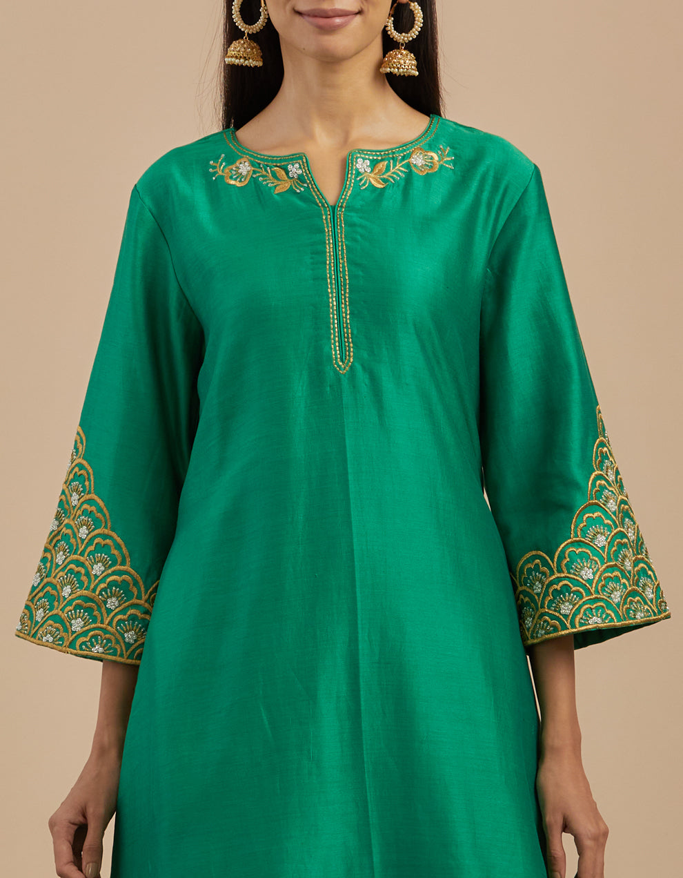 Green embroidered chanderi silk kurta