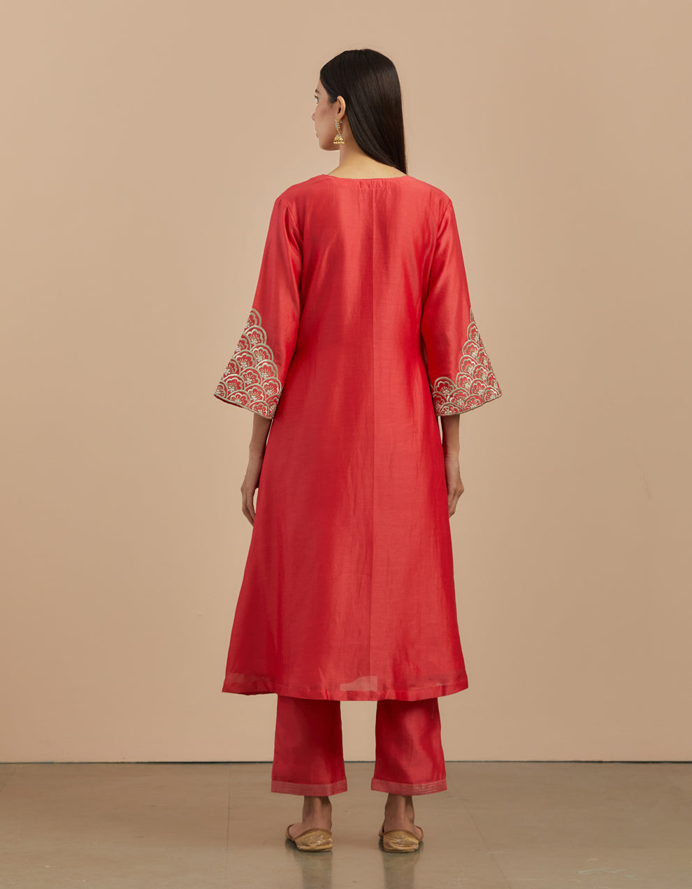 Red embroidered chanderi silk kurta