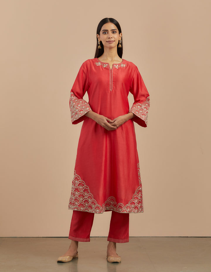 Red embroidered chanderi silk kurta with silk pants - Set of 2