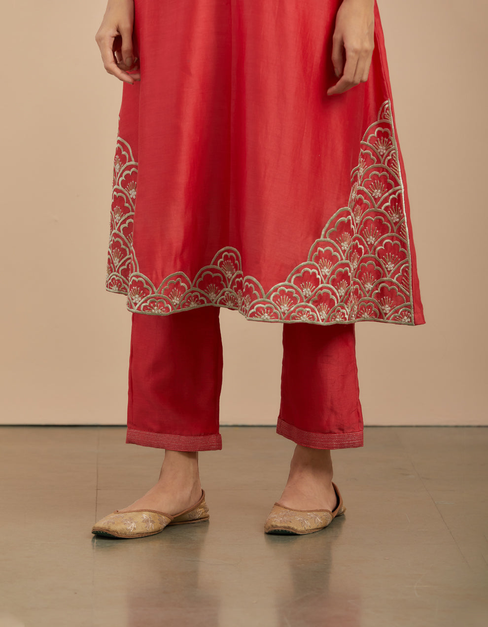 Red embroidered chanderi silk kurta with silk pants - Set of 2