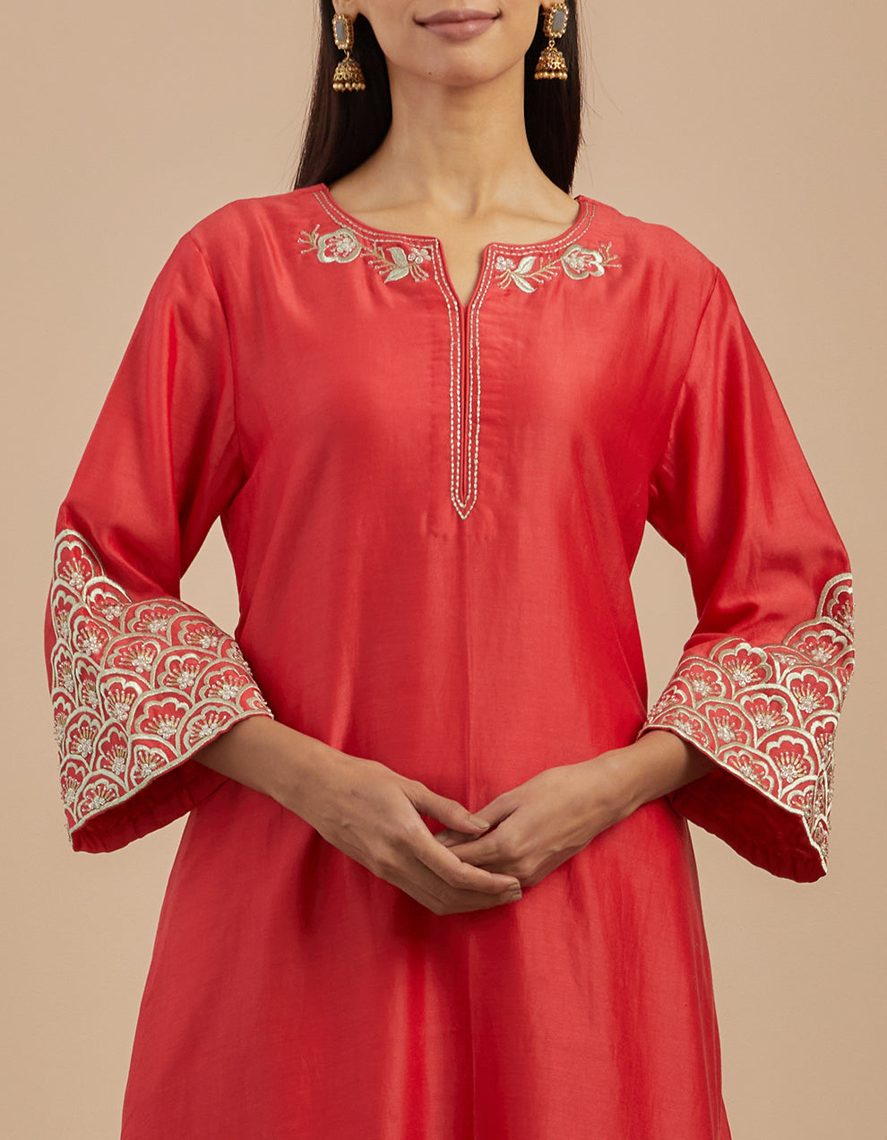 Red embroidered chanderi silk kurta