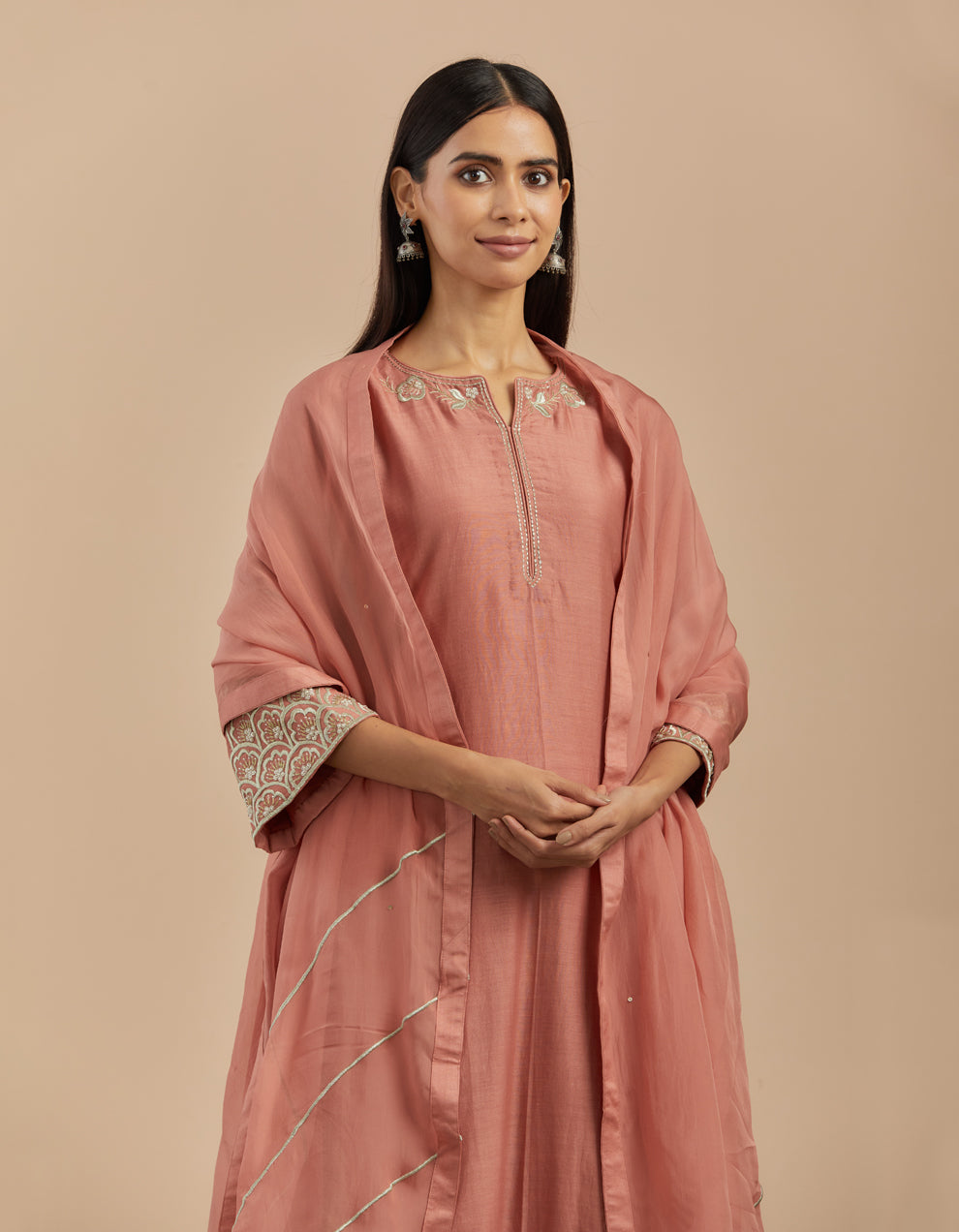 Dust pink embroidered chanderi silk kurta with silk pants and organza dupatta - Set of 3