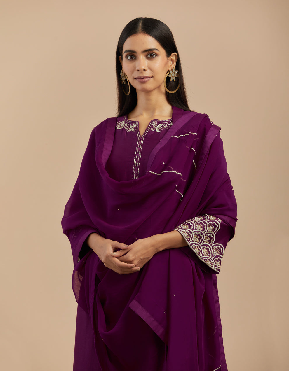 Purple embroidered chanderi silk kurta with silk pants and organza dupatta - Set of 3