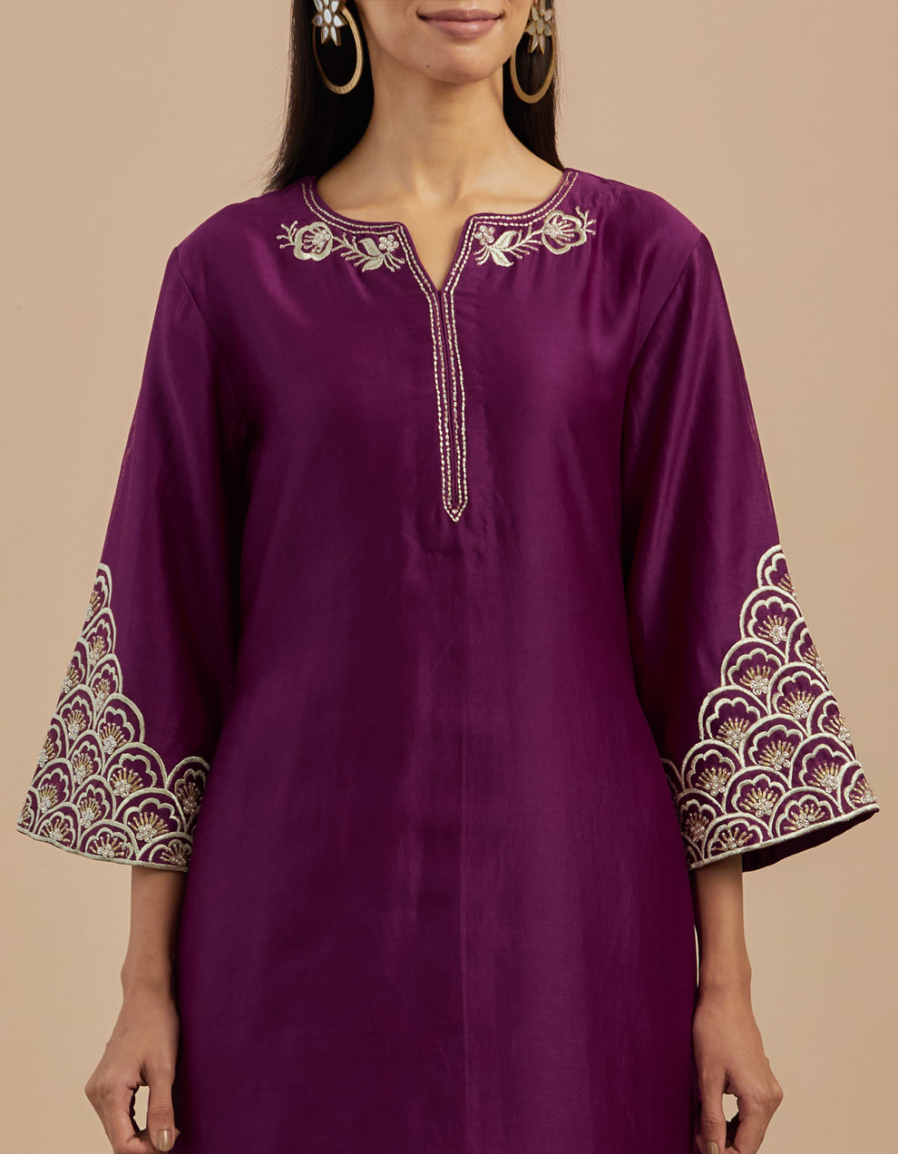 Purple embroidered chanderi silk kurta with silk pants - Set of 2