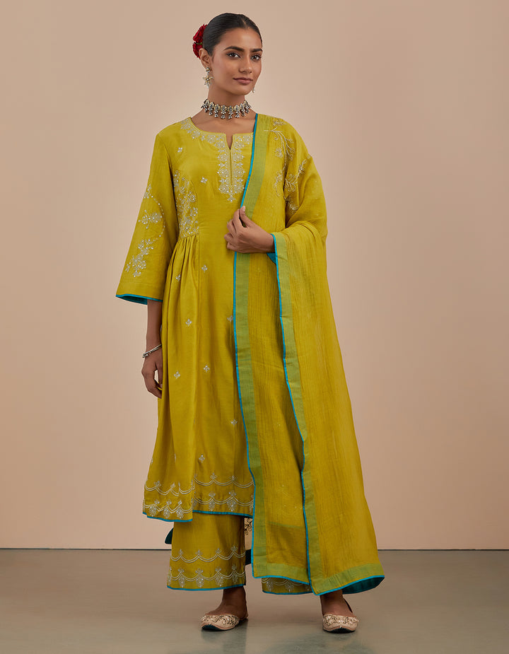 Lime green embroidered chanderi silk kurta with pants and dupatta- Set of 3