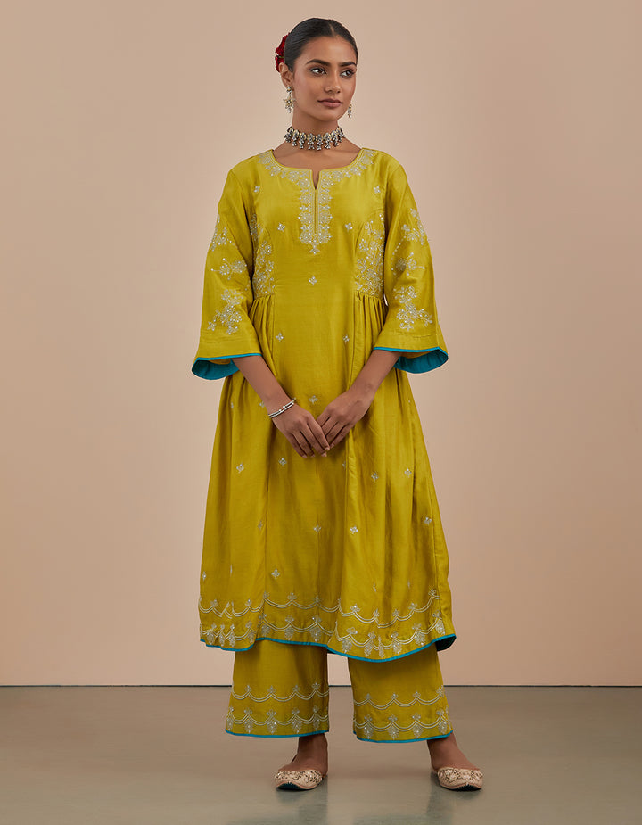 Lime green embroidered chanderi silk kurta