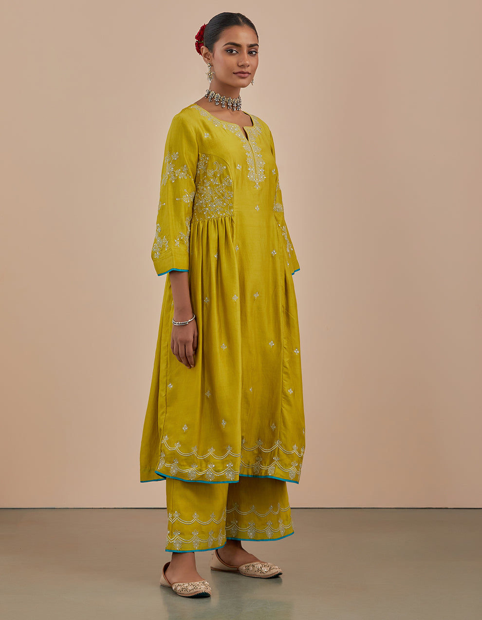 Lime green embroidered chanderi silk kurta