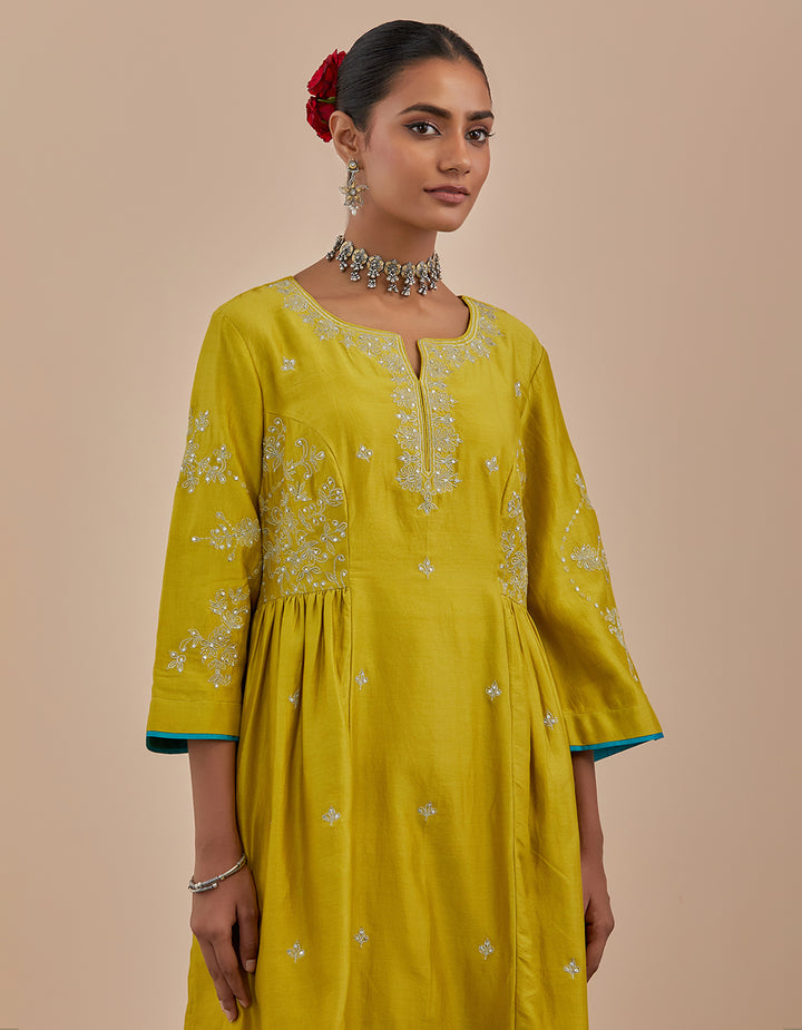 Lime green embroidered chanderi silk kurta