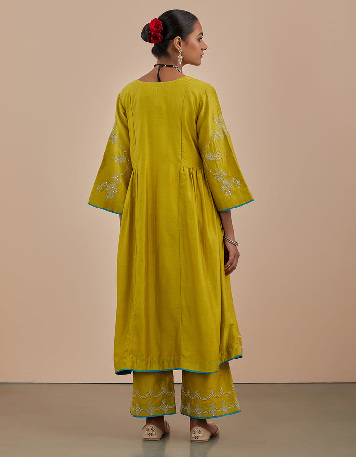 Lime green embroidered chanderi silk kurta