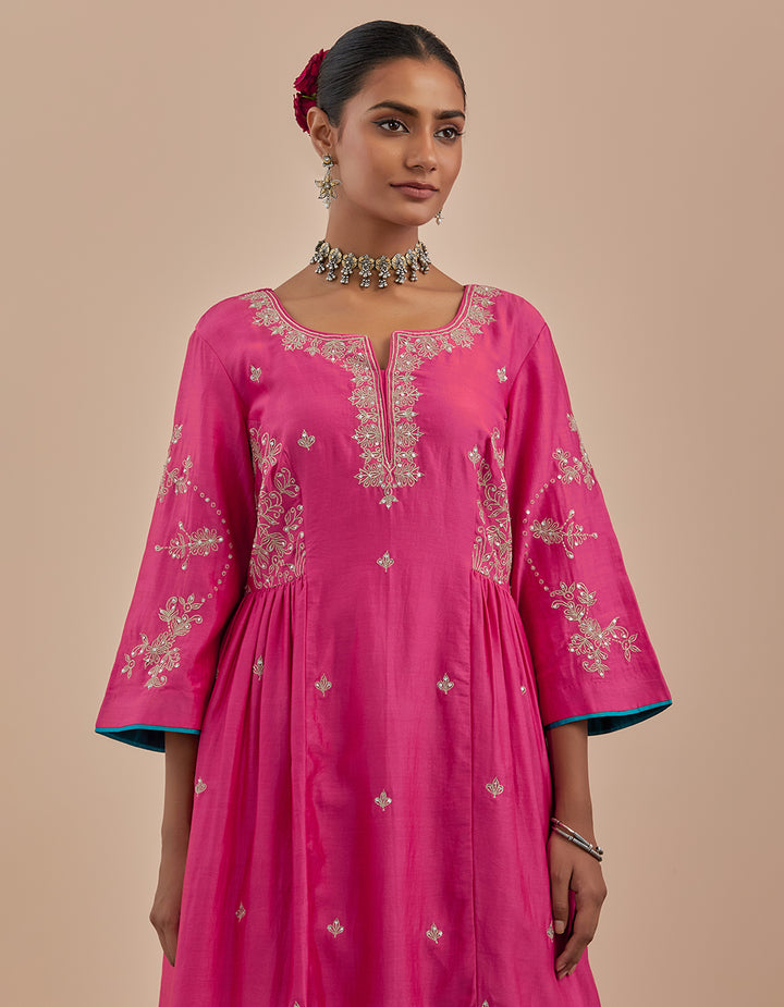 Pink embroidered chanderi silk kurta