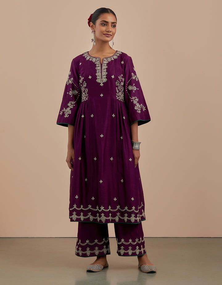 Purple embroidered chanderi silk kurta with pants and dupatta - Set of 3