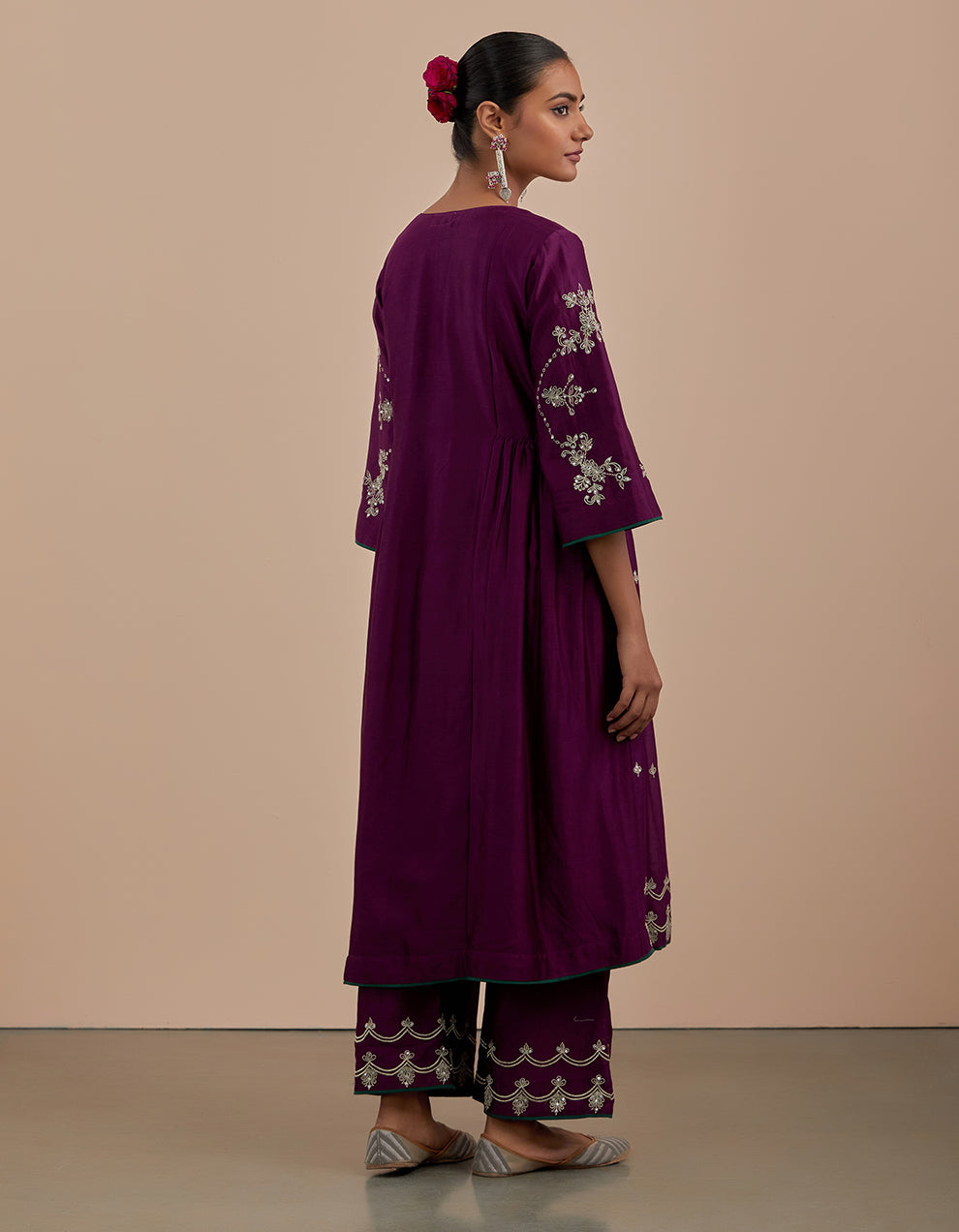 Purple embroidered chanderi silk pants