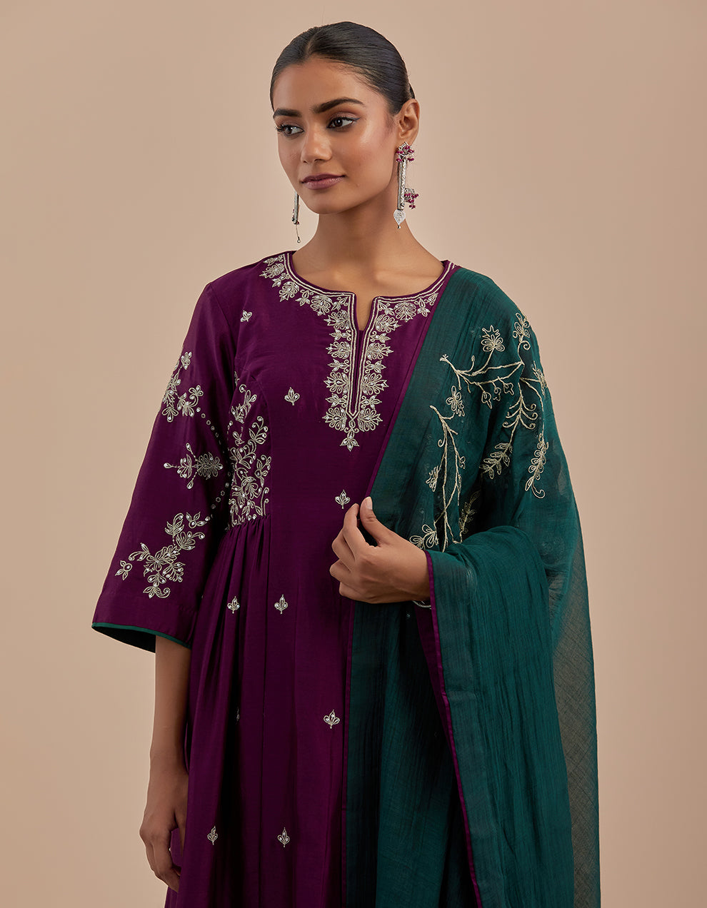 Purple embroidered chanderi silk kurta