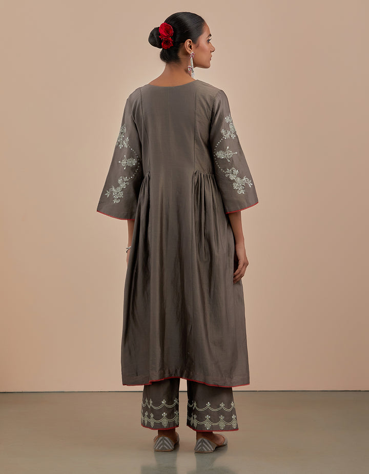 Grey embroidered chanderi silk kurta