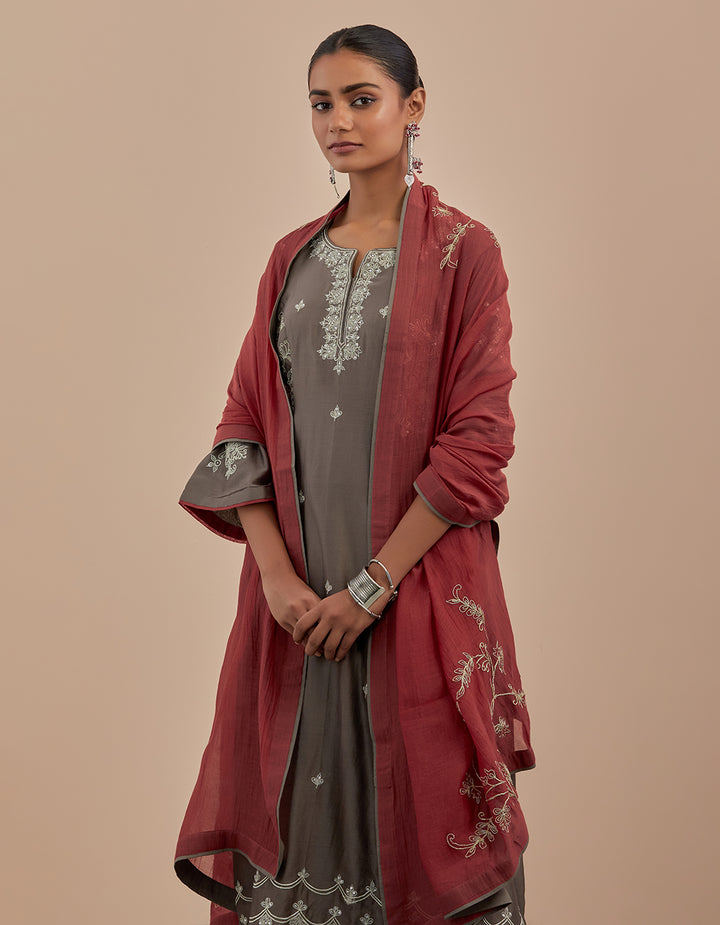 Rust embroidered chanderi dupatta