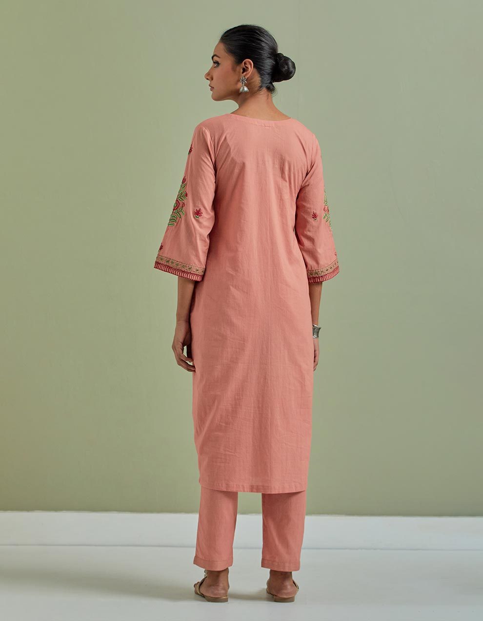 Rust embroidered cotton kurta with pants - Set of 2