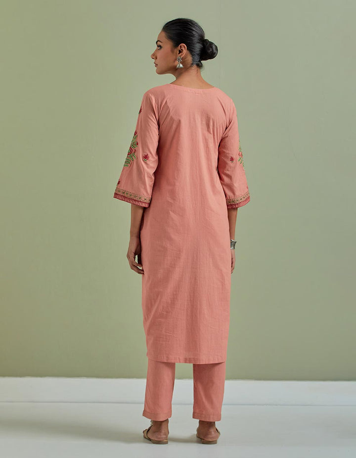 Rust embroidered cotton kurta with pants and cotton dupatta- Set of 3