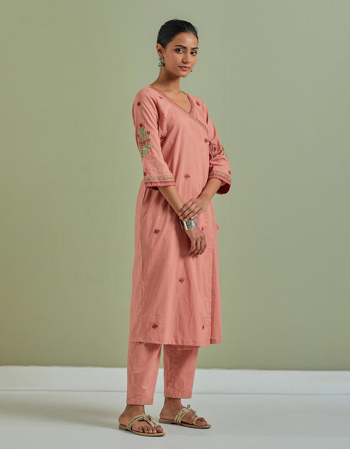 Rust embroidered cotton kurta with pants and cotton dupatta- Set of 3