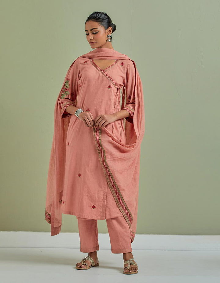 Rust embroidered cotton kurta with pants and cotton dupatta- Set of 3