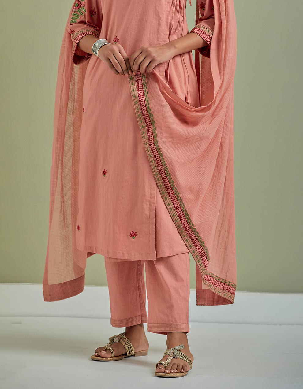 Rust embroidered kota cotton dupatta