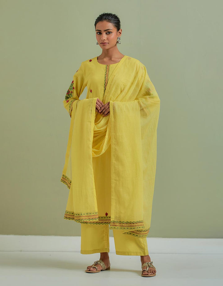 Yellow embroidered cotton kurta with pants and cotton dupatta - Set of 3