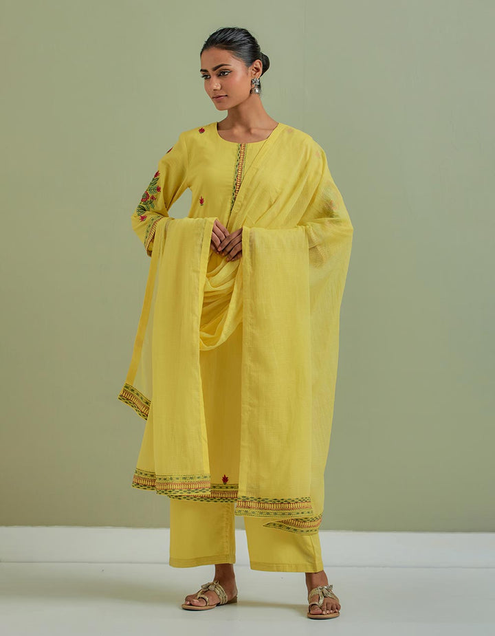 Yellow embroidered cotton kurta with pants and cotton dupatta - Set of 3