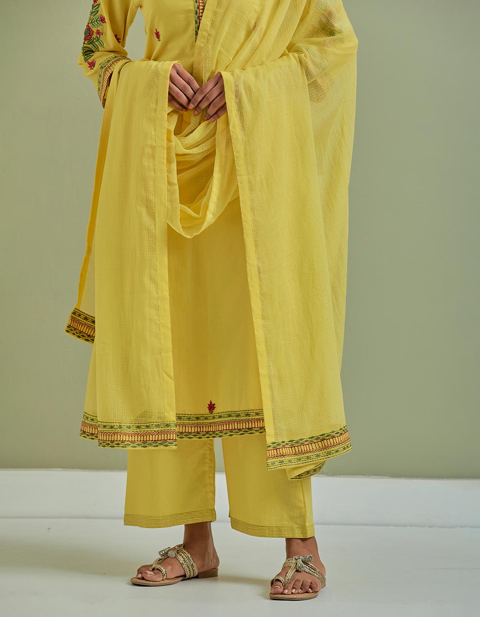 Yellow embroidered kota cotton dupatta