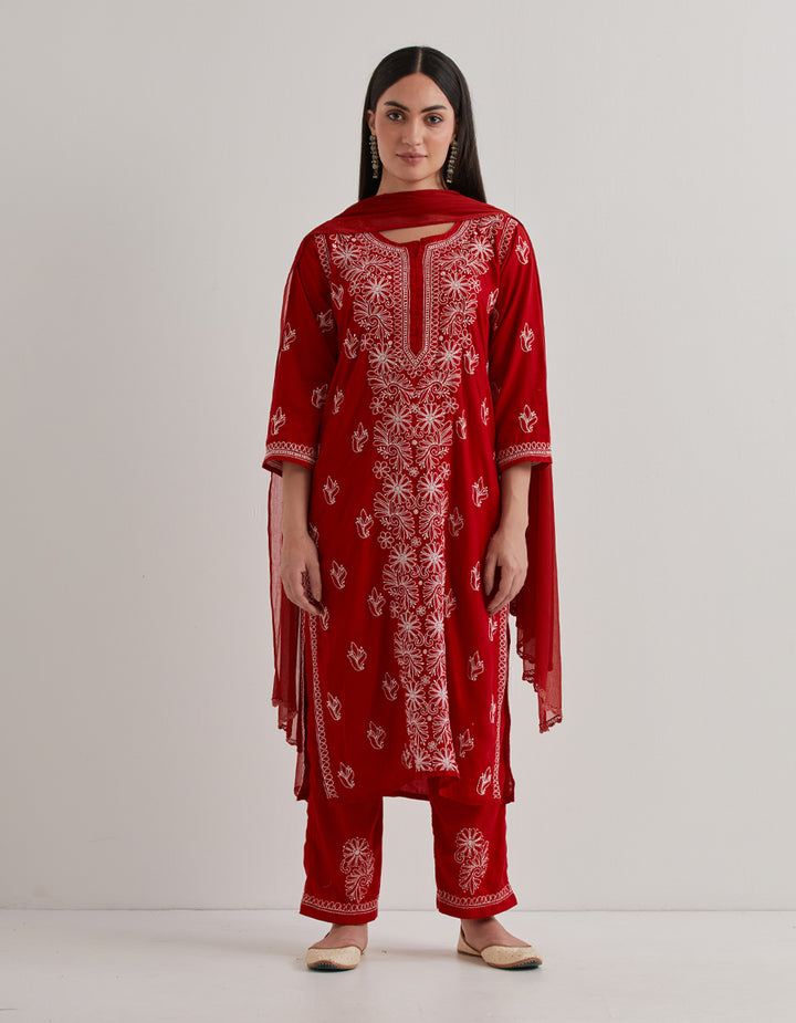 Red chikankari cotton kurta with pants and dupatta- set of 3