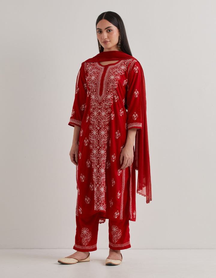 Red chikankari cotton kurta with pants and dupatta- set of 3