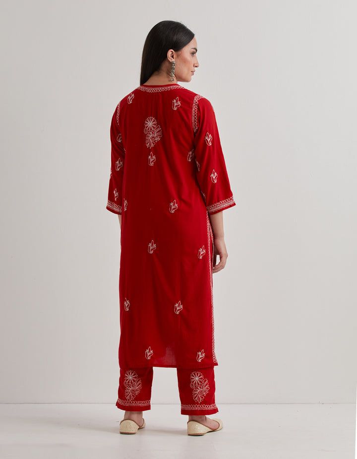 Red chikankari cotton kurta with pants and dupatta- set of 3