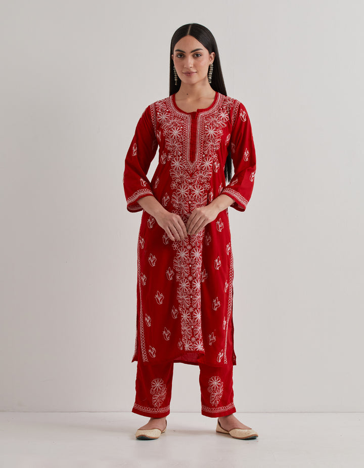 Red chikankari cotton kurta with pants and dupatta- set of 3