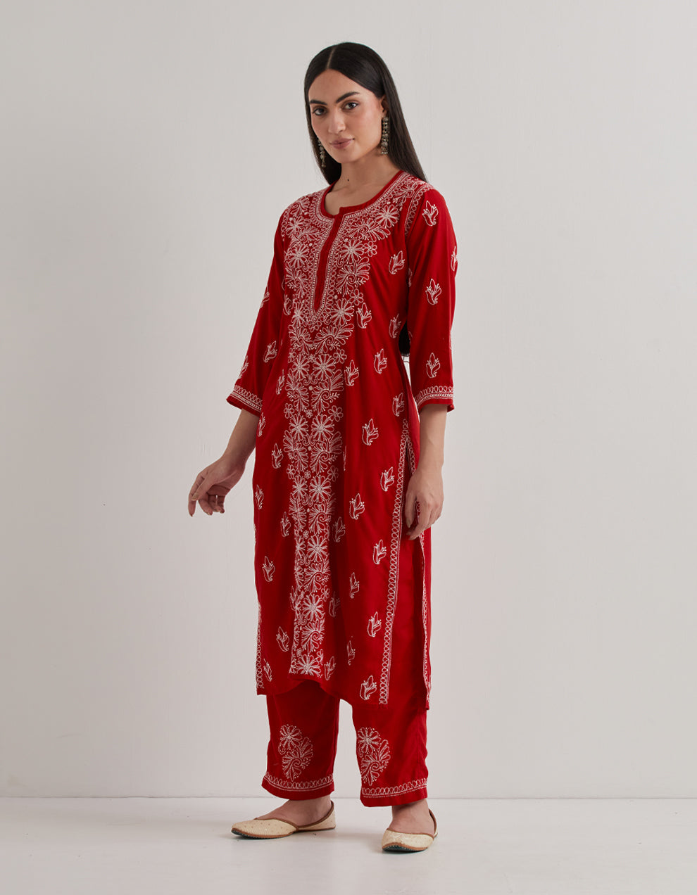 Red chikankari cotton kurta with pants and dupatta- set of 3