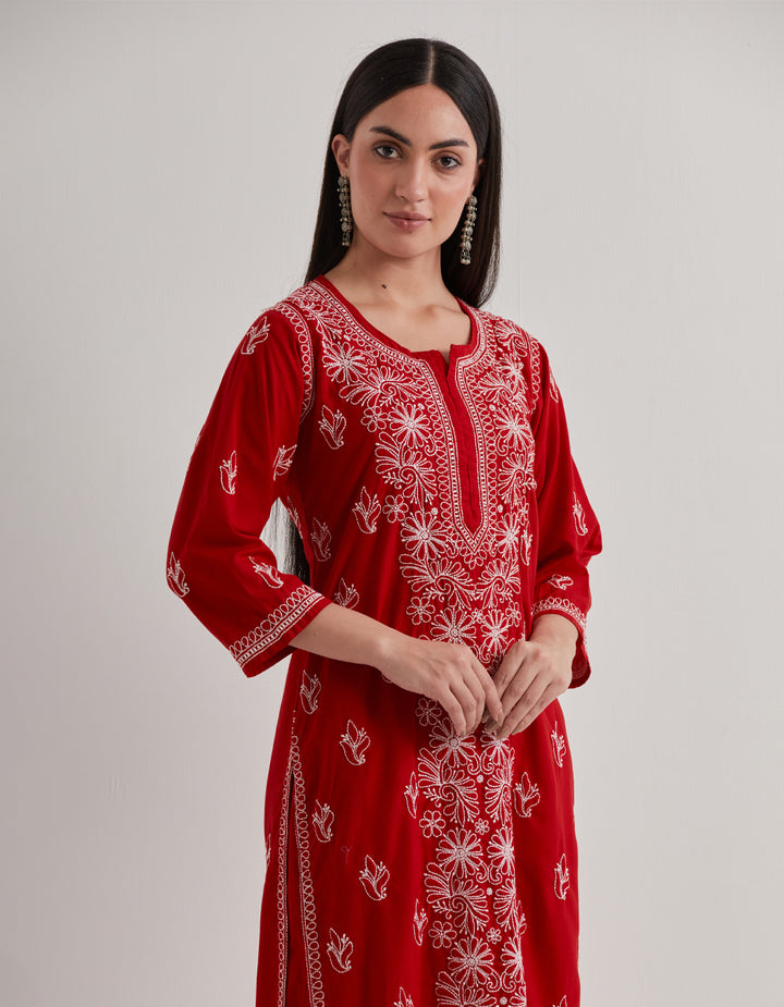 Red chikankari cotton kurta with pants and dupatta- set of 3