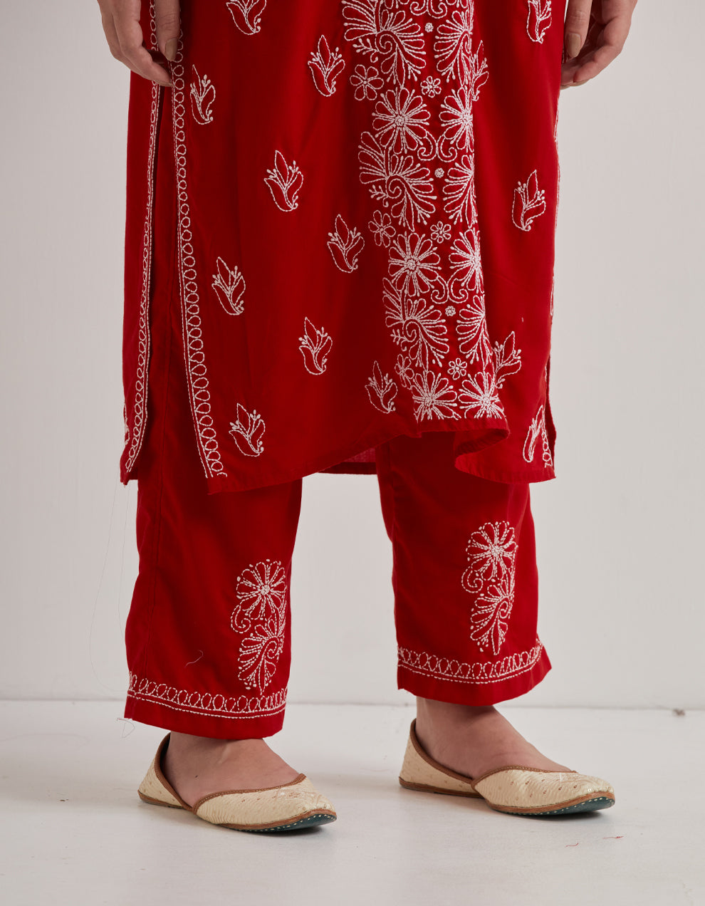 Red chikankari cotton kurta with pants and dupatta- set of 3