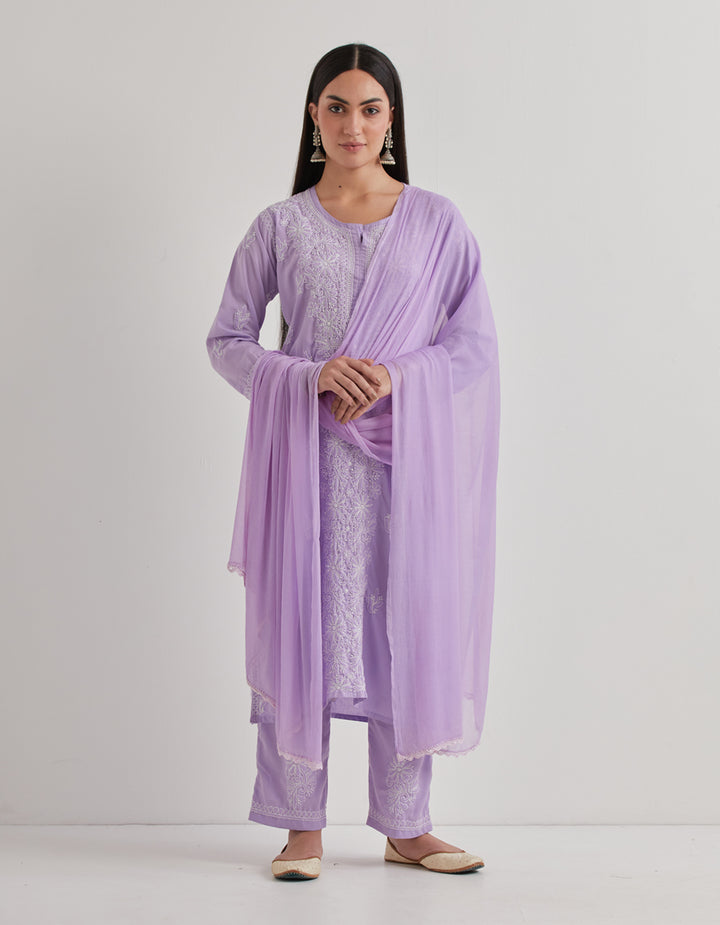 Purple chikankari cotton kurta with pants and dupatta- set of 3