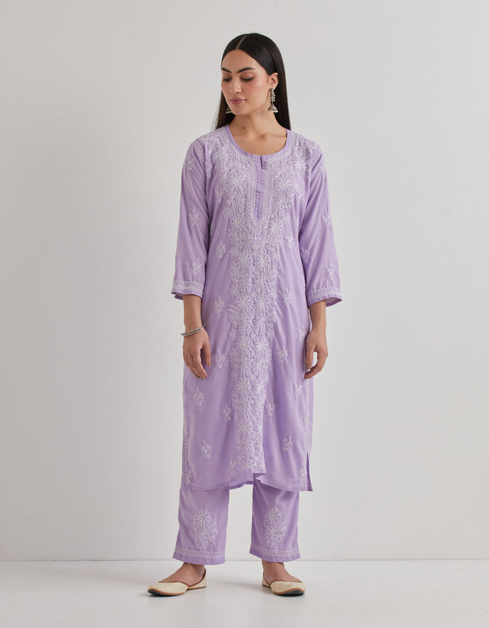 Purple chikankari cotton kurta with pants and dupatta- set of 3