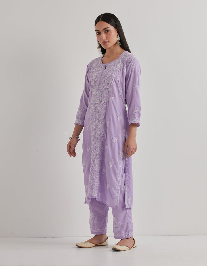 Purple chikankari cotton kurta with pants and dupatta- set of 3